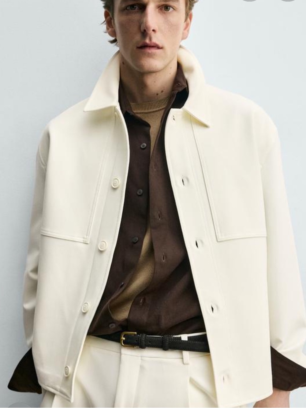 Zara Men's Cream Button-Front Shirt Jacket